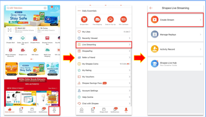 ②画面下部の「ツール」アイコンをタップし、「Shopee Live」を選択します。